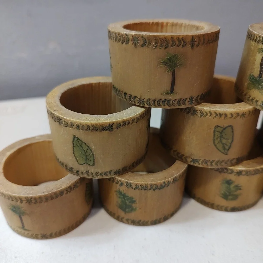 Coastal Core Bamboo Napkin Ring Holders 10 Piece Set‎ Textured Hand Painted